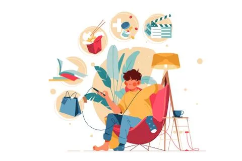 Young boy using smartphone sitting at home looking at screen. Stockillustratie