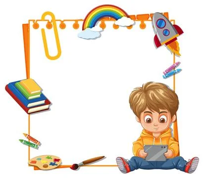 Young Boy Using Tablet with Colorful School Frame Stock Illustration