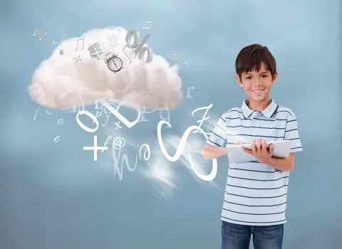 Young boy using tablet to connect to cloud computing Illustrazione stock