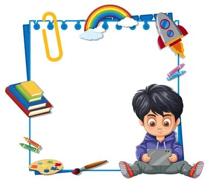 Young Boy Using Tablet with Creative School Elements Stock Illustration