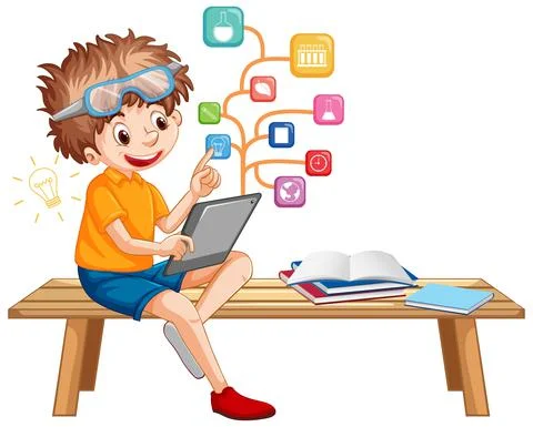 Young boy using tablet with education icons Illustrazione stock
