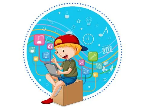 Young boy using tablet with education icons Illustrazione stock
