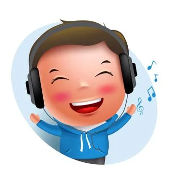 Young boy vector character listening to music in headset while singing Stock Illustration