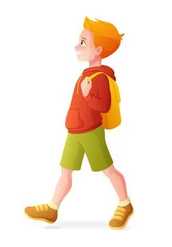 Young boy walking with backpack. Isolated vector illustration. Stock Illustration