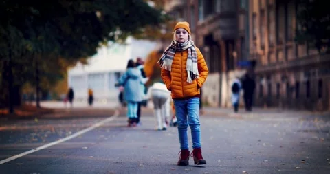 Young boy walks on crowded autumn street Stock Footage 220347089