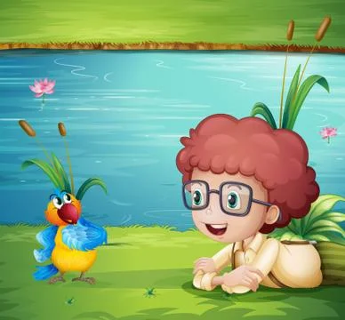 A young boy watching a parrot Stock Illustration