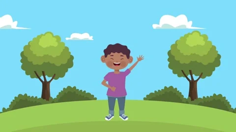 Young boy waving hello in a park with trees and blue sky. Stock Footage 333806880