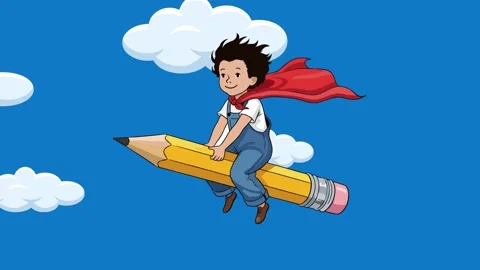 A young boy wearing a cape flying through the sky on a giant pencil Video stock 341922259