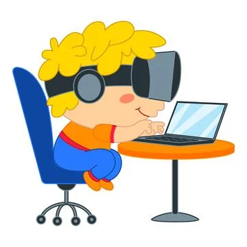 Young boy wearing vr headset and using laptop at desk Stock Illustration