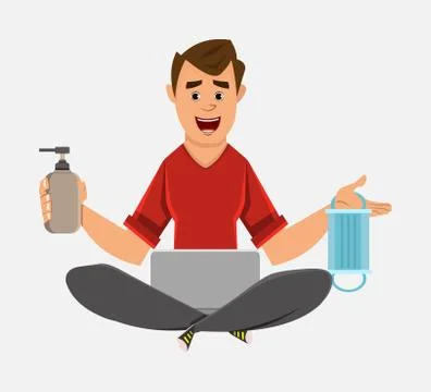 Young boy work from home and showing alcohol gel bottle and mask Stock Illustration