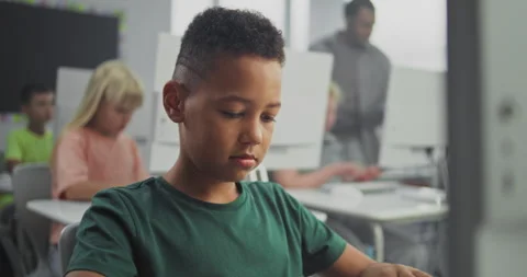 Young Boy Working on Creative Project on Computer in Computer Science Classroom Stock Footage 316294417