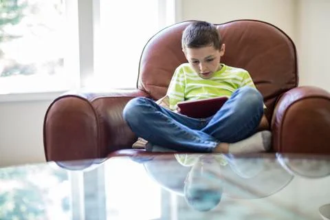 Young boy working on a notebook computer at home Stock Photos