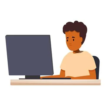 Young boy working or studying using desktop computer Stock Illustration
