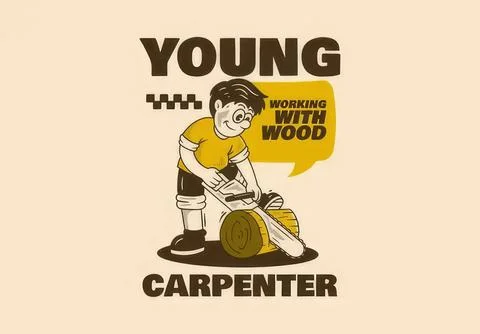 Young boy working with wood using a saw and hammer Stock Illustration