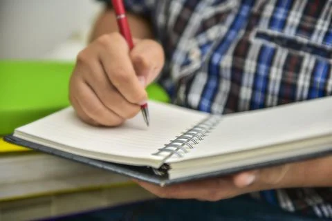 A young boy writing on notebook diary Foto stock