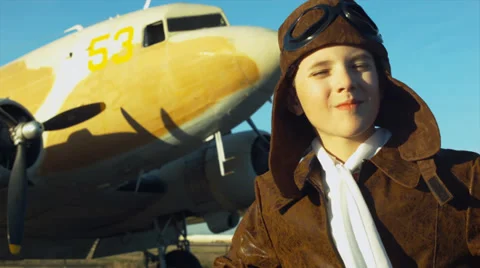 Young Boy with WWII Plane Stock Footage 39290128
