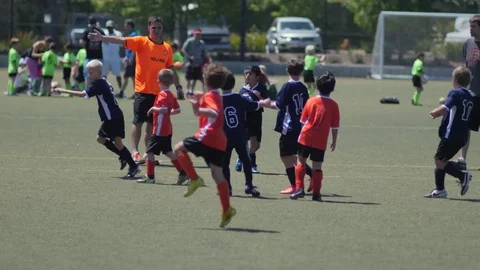 Young boys playing in a youth soccer league game. Stock Footage