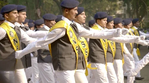 Young boys scouts marching walking in parade during Republic day Parade Stock Footage 127675009