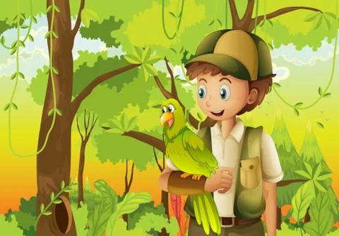 A young boyscout with a parrot Stock Illustration