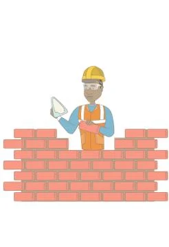 Young bricklayer working with spatula and brick. Illustrazione stock