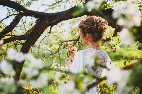 Young bride with blond hair posing at the background of spring orchard Stock Photos