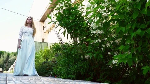Young bride walking in the park during the summer view from the ground Stock Footage 77239362