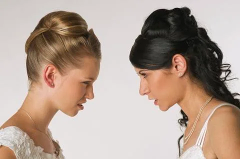 Young brides standing face to face, portrait Stock Photos