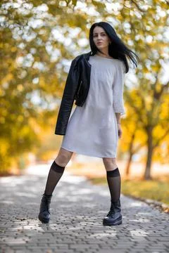 Young brunette model posing in the park against golden autumn Stock Photos