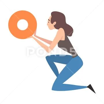 Young Brunette Woman Holding and Organizing Abstract Curcular Geometric Shape Stock Illustration
