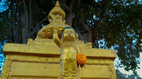 Young Buddha Statue at Monkey Temple Stupa In Kathmandu Nepal Asia Stock-Footage 168579040