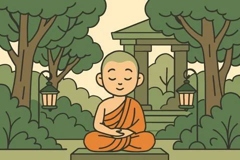 Young buddhist monk meditating peacefully in serene temple garden setting Ilustración de archivo