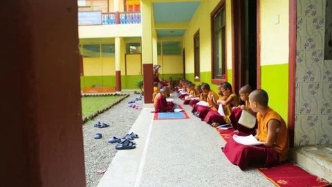 Young Buddhist monks studying at the monastery Stock Footage 77443770