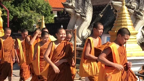 Young Buddhist Monks Walking Smiling Vidéo 76941547