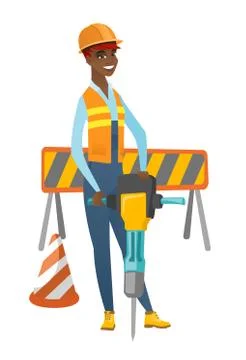 Young builder using pneumatic hammer Stock Illustration