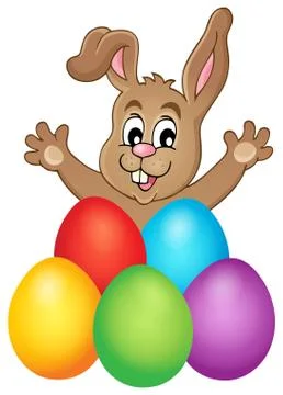 Young bunny with Easter eggs theme - eps10 vector illustration. 스톡 일러스트