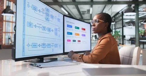 Young Business Analyst Studies Flowchart Diagrams For Strategic Project Plann Stock Photos