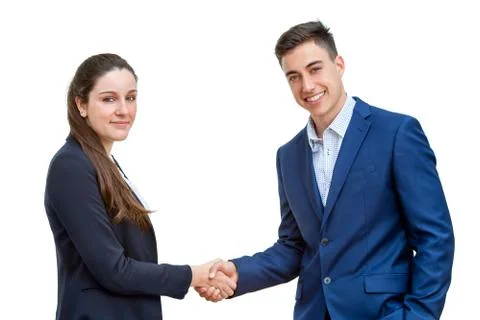 Young business couple shaking hands isolated Foto stock