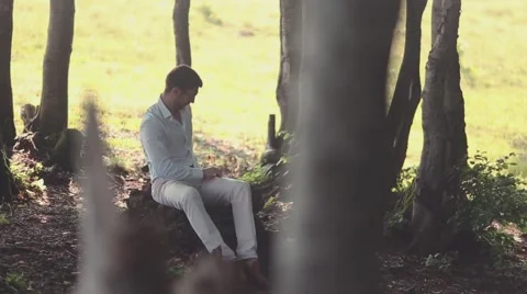 Young business man talking on cell phone at nature. Stock Footage 52328025