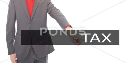 Young business man with tax sign isolated on white background Stock Photos