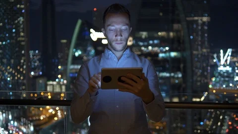 Young Business Man Using Digital Tablet Computer Screen Device Video stock 103208192