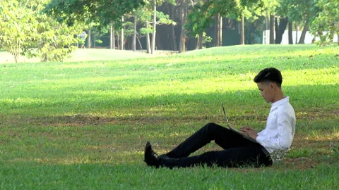 Young business man working on notebook laptop computer at green park Stock-Footage 132623501