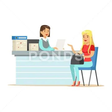 Young business woman interviewing job applicant at desk in office vector Stock Illustration
