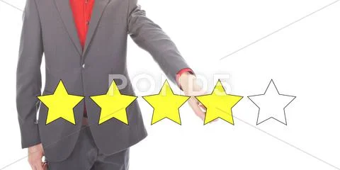 Young businessman with 4 yellow ranking stars isolated on white background Stock Photos