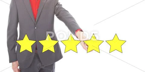 Young businessman with 5 yellow ranking stars isolated on white background Stock Photos
