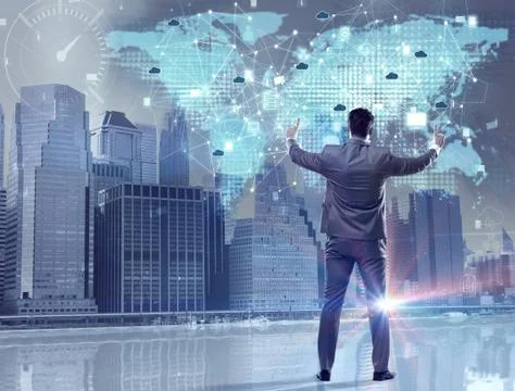 Young businessman in cloud computing concept Stockfoto's