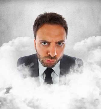 Young businessman in the clouds with expression of indecision Stock Illustration