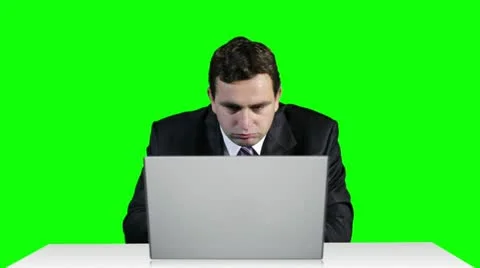 Young Businessman Deconcentrated Table Computer Greenscren Stock Footage
