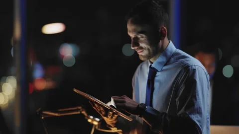 Young Businessman Employee Using Tablet PC Computer Managing Online Partnership Stock Footage 147406240