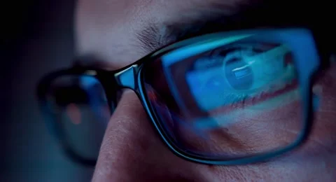 Young Businessman Glasses Computer Screen Late Night Work Reflection Browsing Stock Footage 49617288