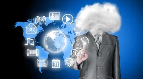 Young businessman with head in the clouds Illustrazione stock